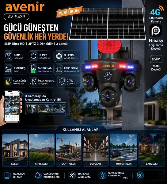 Avenir AV-S439 4G Solar 3PTZ eSIM Güvenlik Kamerası